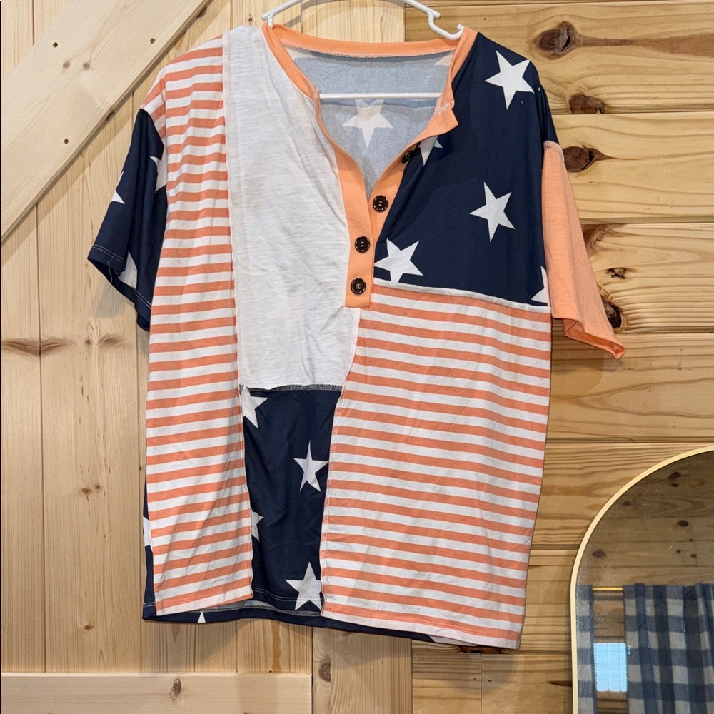 BiBi women’s Starry Striped Button Down Shirt - Navy, Orange, White